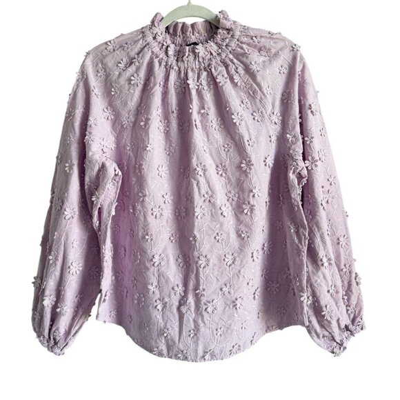 Ann Taylor 3D Floral Applique Embroidered Ruffle Neck Puff Sleeve Top Size Large - Picture 1 of 14